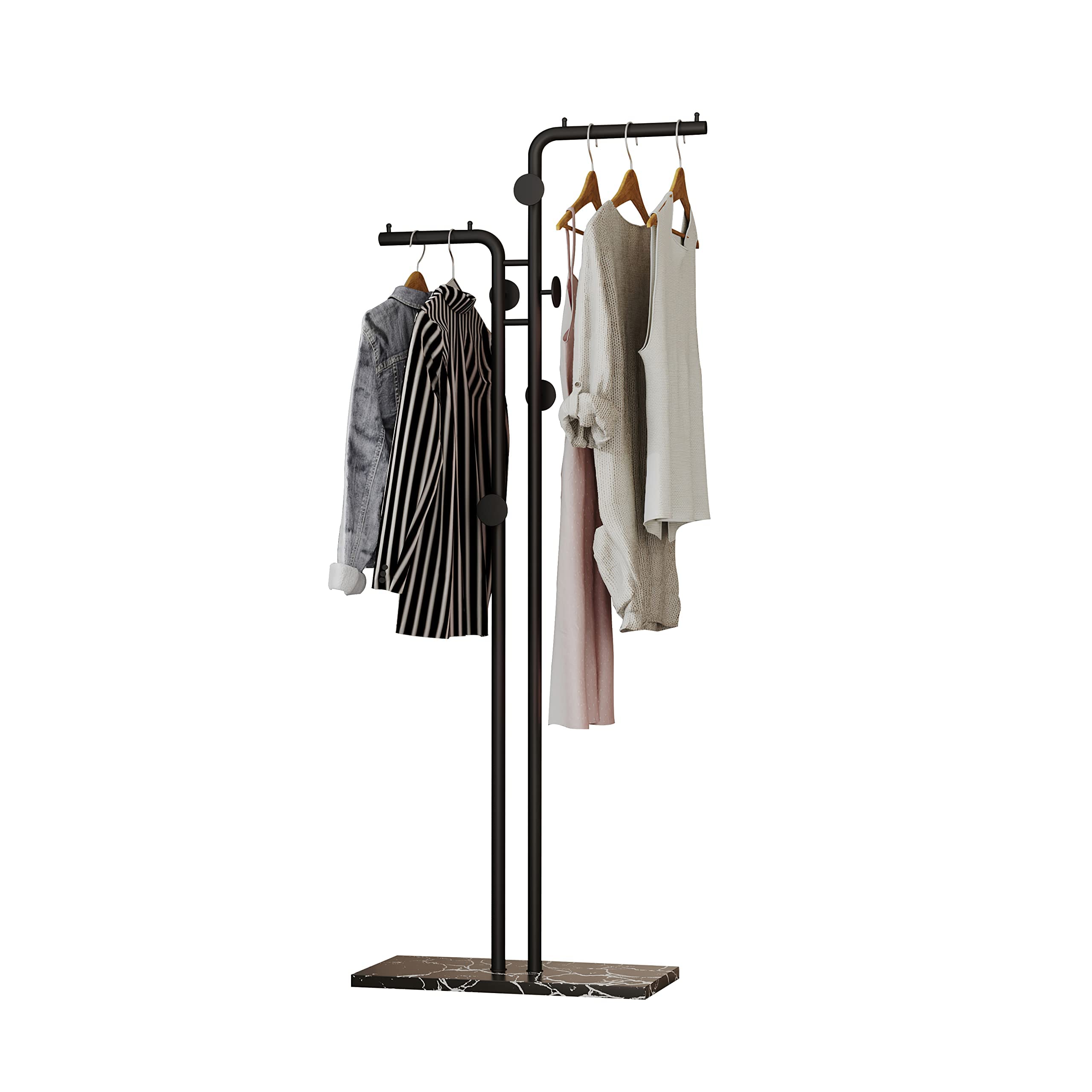 Hkaikzo Double-Pole Coat Rack Freestanding, Modern Metal Coat Racks Hanger Stand With 5 Hooks And Natural Marble Base, For Bedro